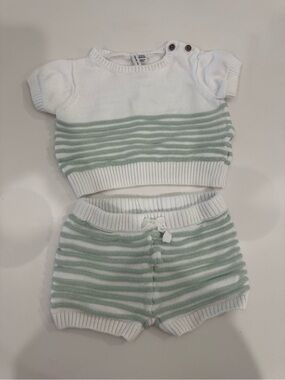 Janie and Jack White & Sage Striped Knit Baby Short Set - Kids Accessories